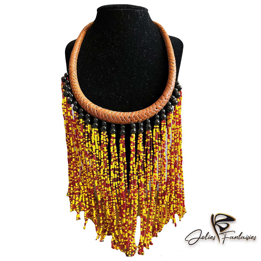 Collier en Cuir et Perles - Jaune